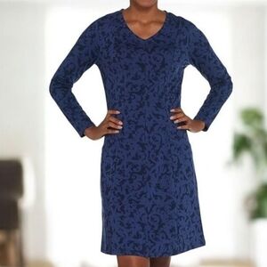 Denim & Co Printed Long-Sleeve Fit Flare Dress Filagree Dark Indigo Blue XXS